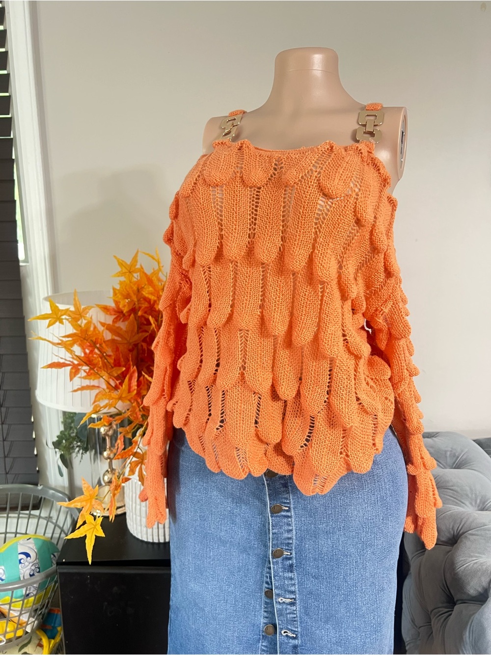 Off-Shoulder Orange Textured Knit Sweater - Picture 4 of 5